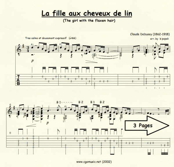 La fille aux cheveux de lin Debussy for Classical Guitar in Tablature