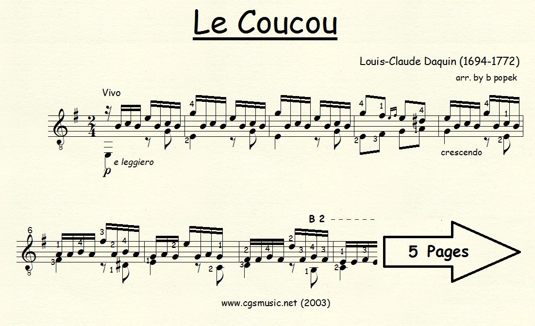 Le coucou (Daquin) for Classical Guitar in Standard Notation