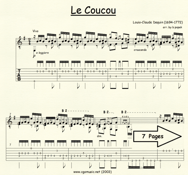 Le coucou Daquin for Classical Guitar in Tablature