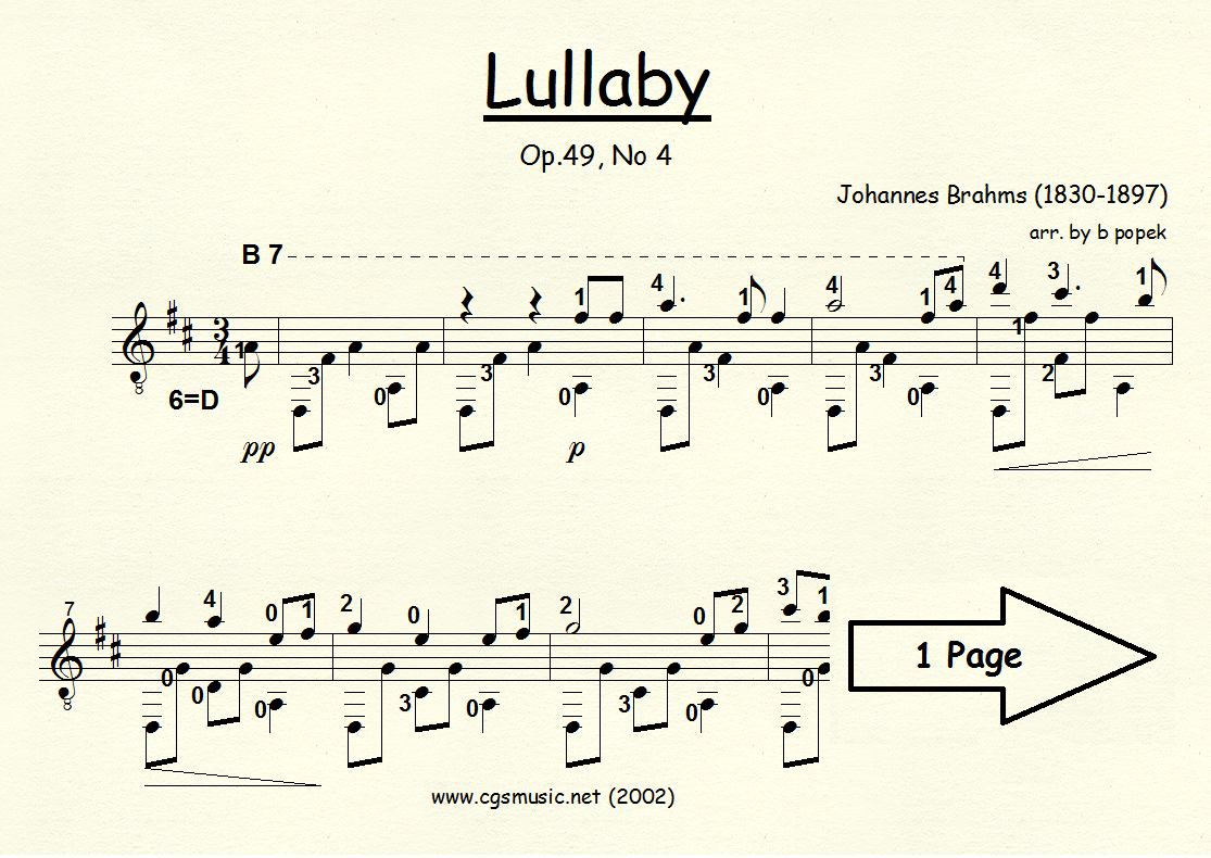Lullaby (Brahms) for Classical Guitar in Standard Notation