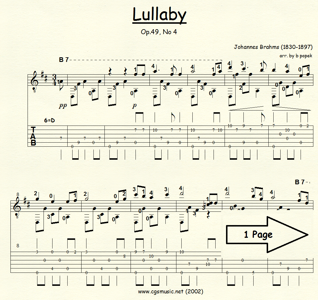 Lullaby (Brahms) for Classical Guitar in Tablature