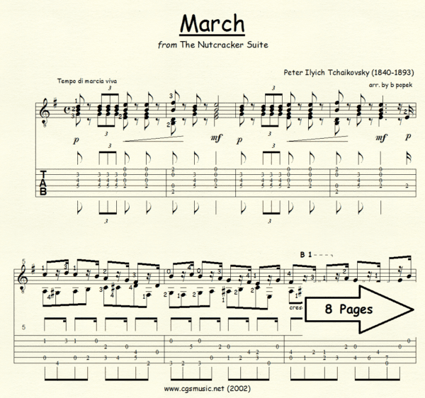 March from The Nutcracker Suite Tchaikovsky for Classical Guitar in Tablature