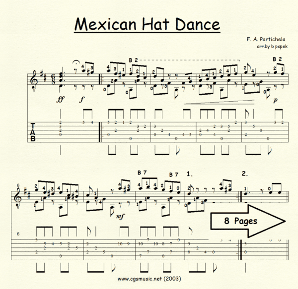 Mexican Hat Dance Partichela for Classical Guitar in Tablature
