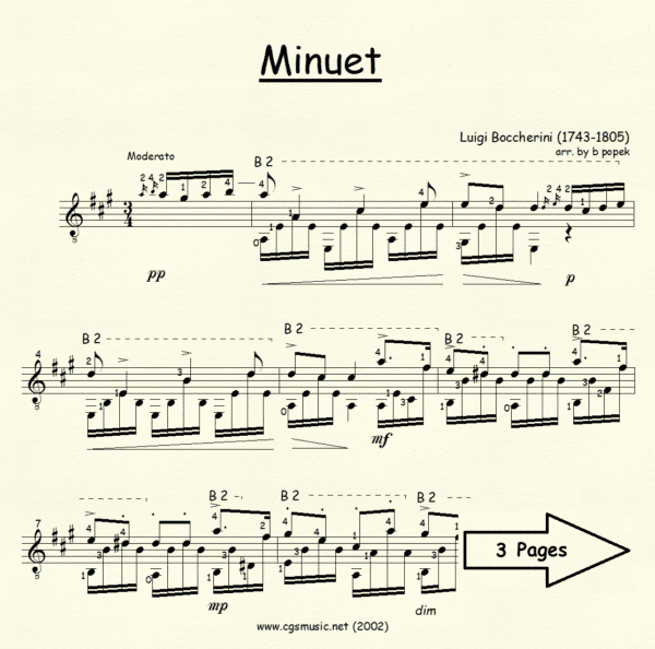 Minuet Boccherini for Classical Guitar in Standard Notation