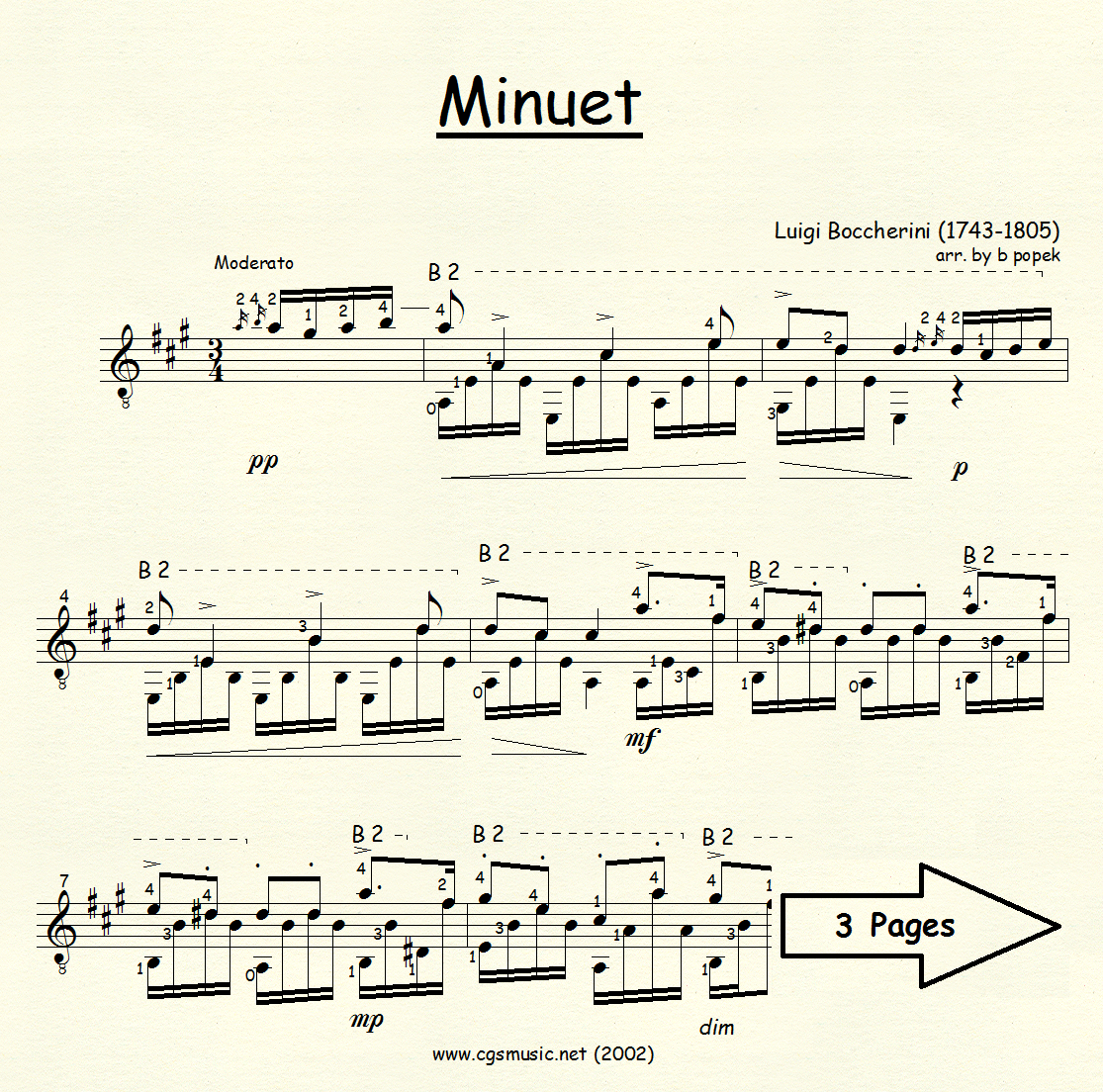 Minuet (Boccherini) for Classical Guitar in Standard Notation