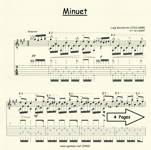 Minuet Boccherini for Classical Guitar in Tablature