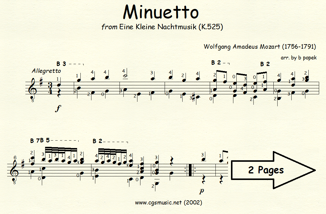 Minuetto from Eine Kleine Nachtmusik (Mozart) for Classical Guitar in Standard Notation