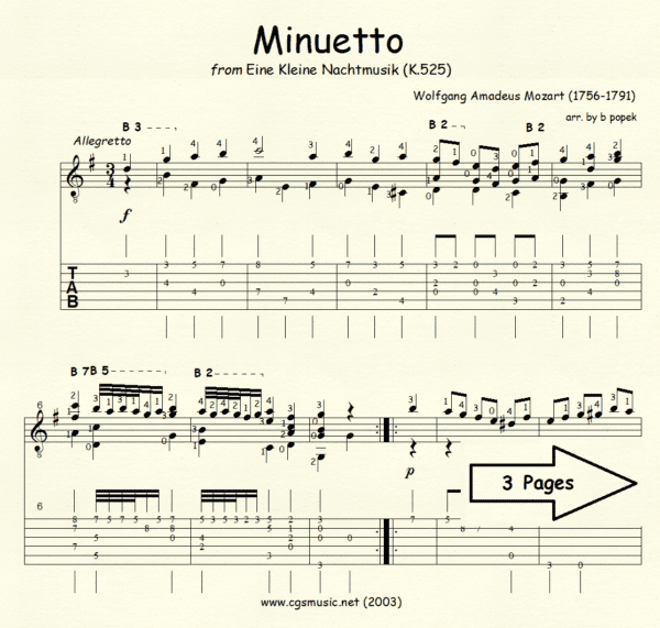 Minuetto from Eine Kleine Nachtmusik Mozart for Classical Guitar in Tablature