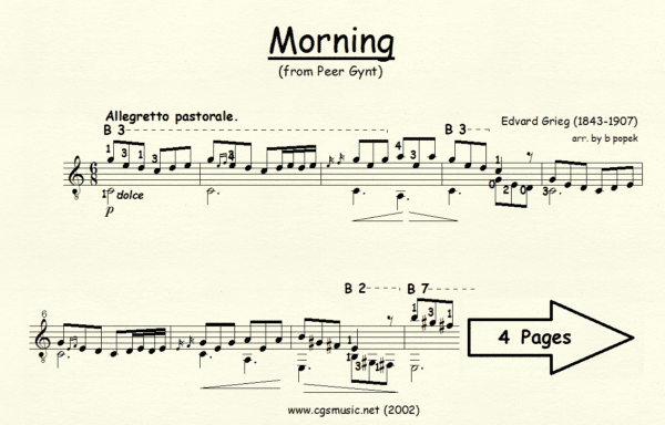 Morning Grieg for Classical Guitar in Standard Notation