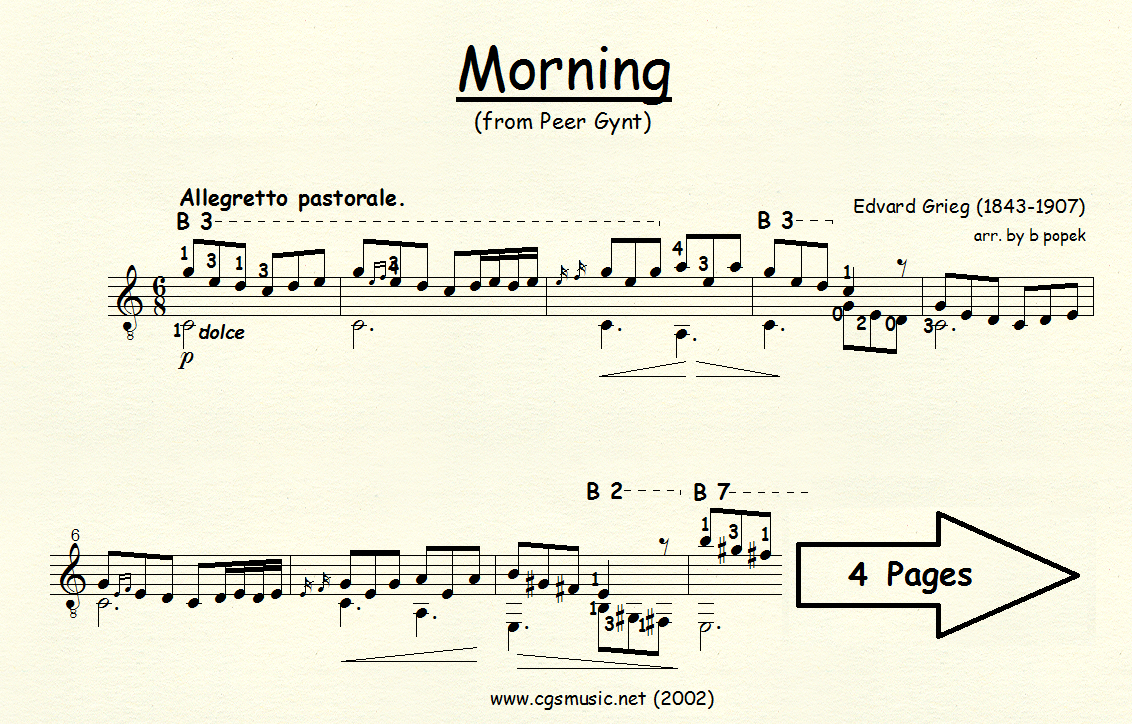 Morning (Grieg) for Classical Guitar in Standard Notation