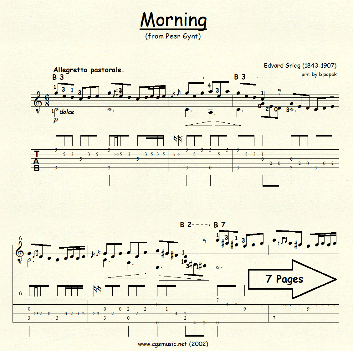 Morning (Grieg) for Classical Guitar in Tablature