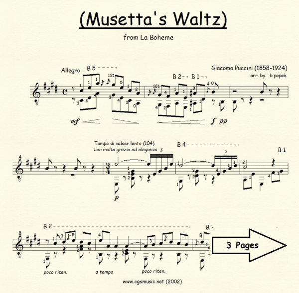 Musettas Waltz Puccini for Classical Guitar in Standard Notation