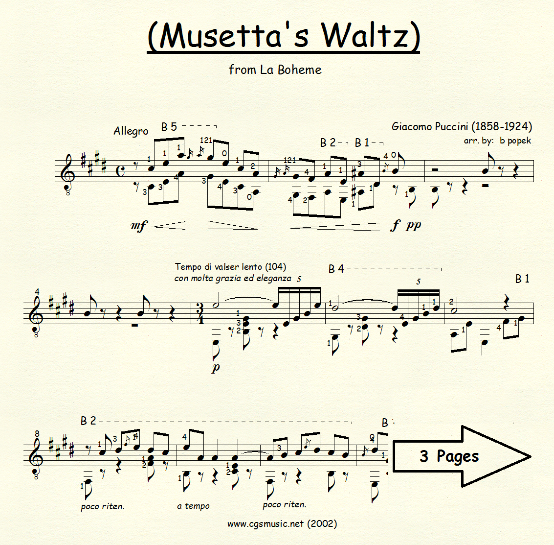 Musetta's Waltz (Puccini) for Classical Guitar in Standard Notation