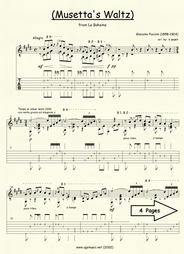 Musettas Waltz Puccini for Classical Guitar in Tablature