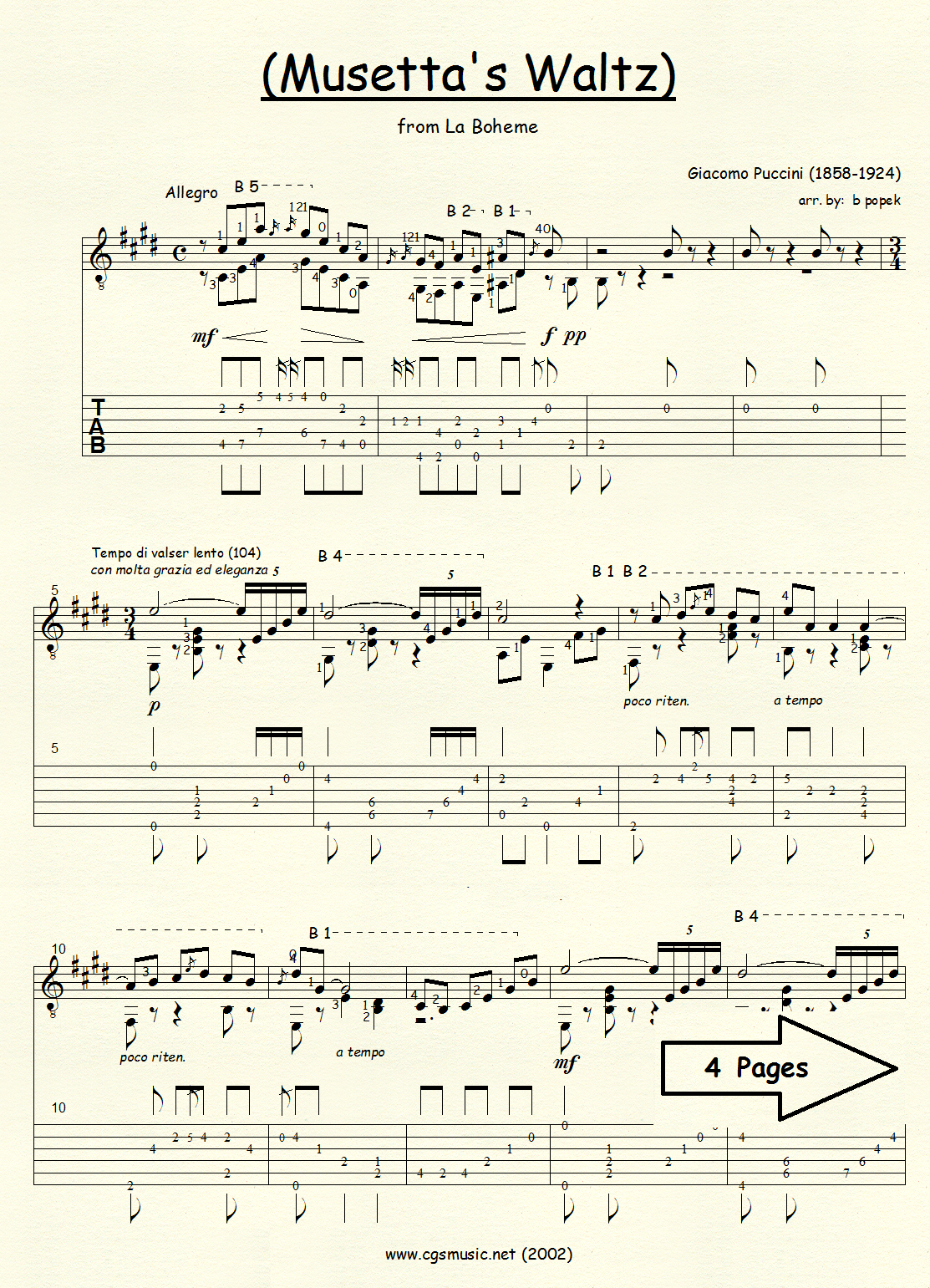 Musetta's Waltz (Puccini) for Classical Guitar in Tablature