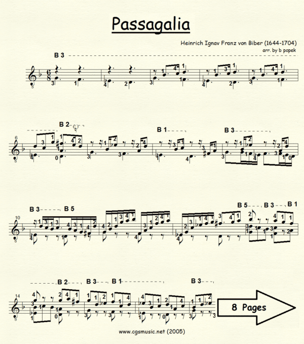 Passagalia Biber for Classical Guitar in Standard Notation
