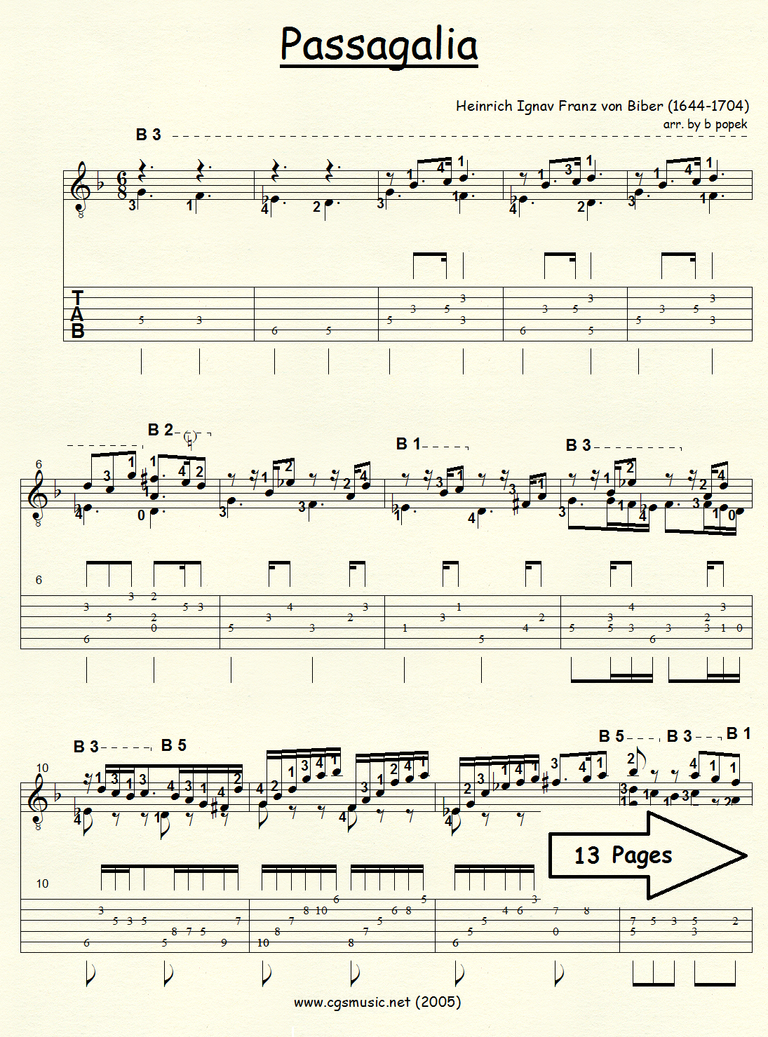 Passagalia (Biber) for Classical Guitar in Tablature