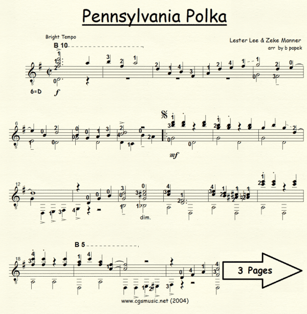 Pennsylvania Polka Lee Manner for Classical Guitar in Standard Notation