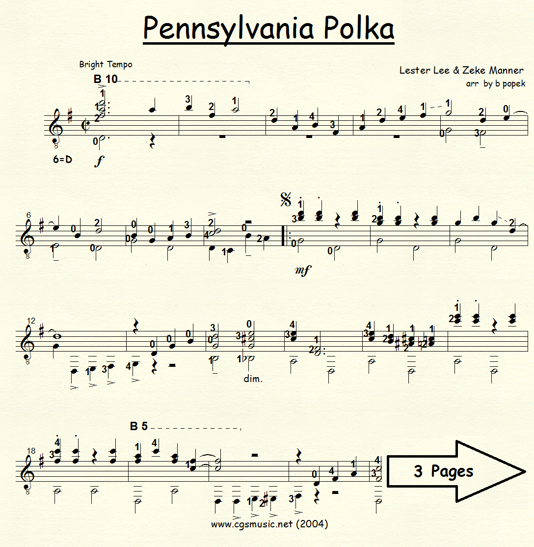 Pennsylvania Polka (Lee & Manner) for Classical Guitar in Standard Notation