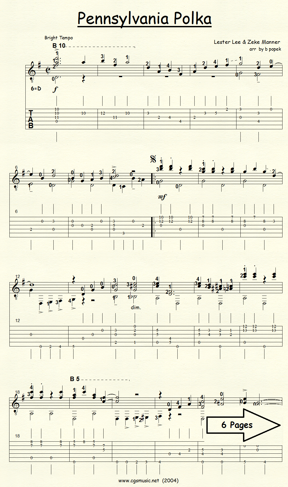 Pennsylvania Polka (Lee & Manner) for Classical Guitar in Tablature