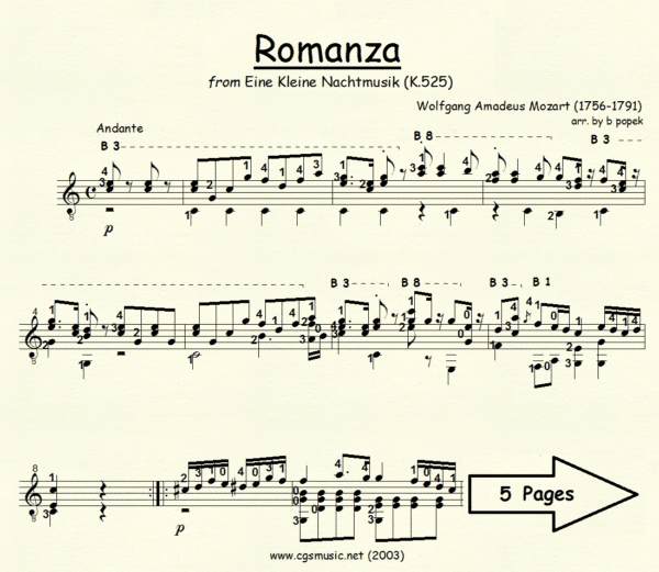 Romanza from Eine Kleine Nachtmusik Mozart for Classical Guitar in Standard Notation