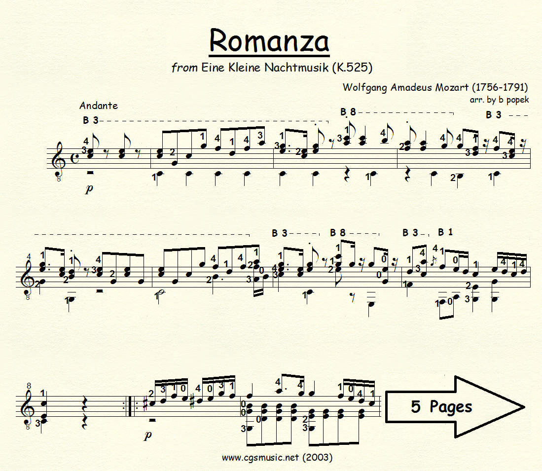 Romanza from Eine Kleine Nachtmusik (Mozart) for Classical Guitar in Standard Notation