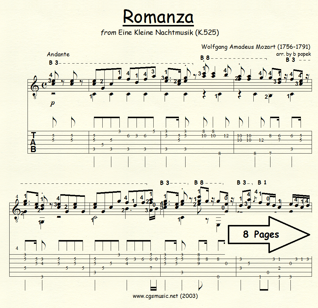 Romanza from Eine Kleine Nachtmusik (Mozart) for Classical Guitar in Tablature