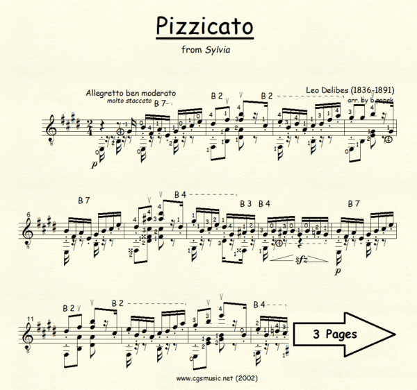 Pizzicato Delibes for Classical Guitar in Standard Notation