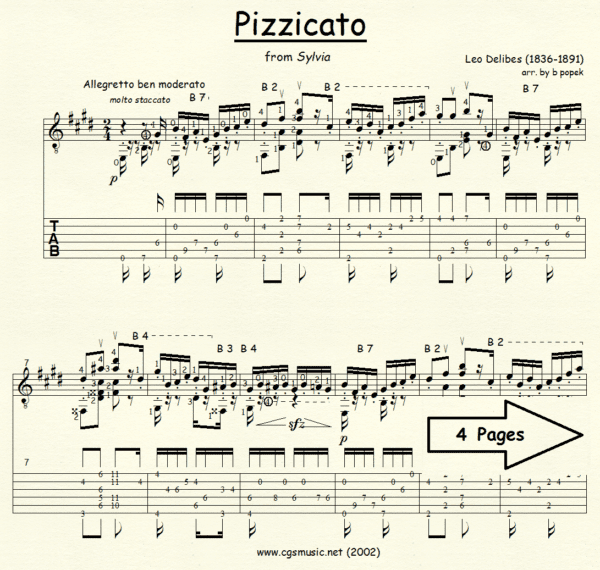 Pizzicato Delibes for Classical Guitar in Tablature