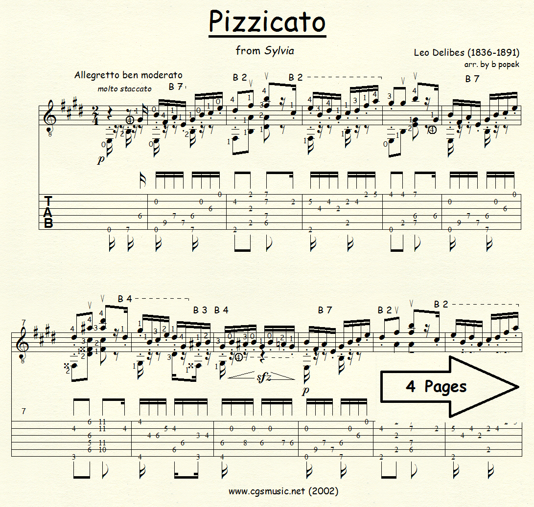 Pizzicato (Delibes) for Classical Guitar in Tablature