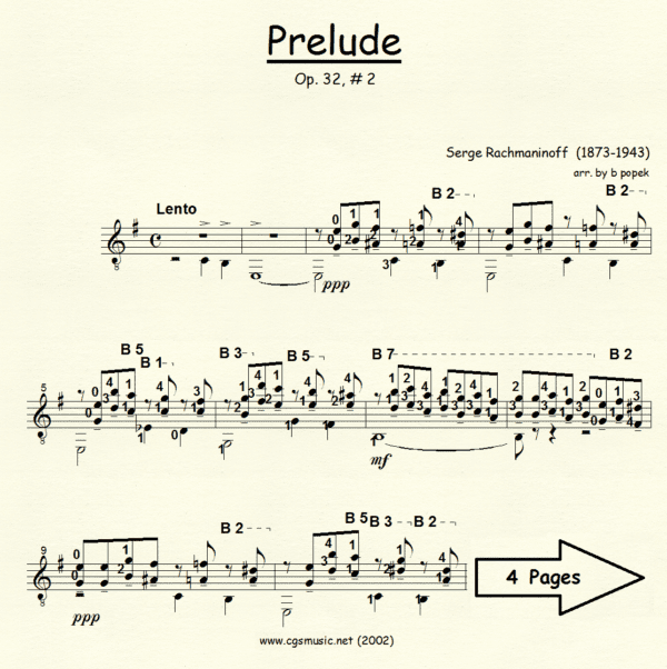 Prelude Op 32 2 Rachmaninoff for Classical Guitar in Standard Notation