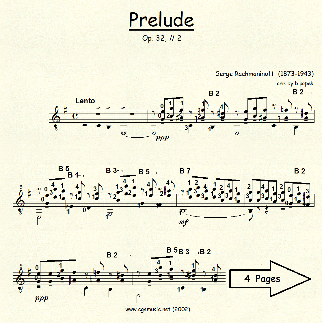 Prelude Op 32 #2 (Rachmaninoff) for Classical Guitar in Standard Notation