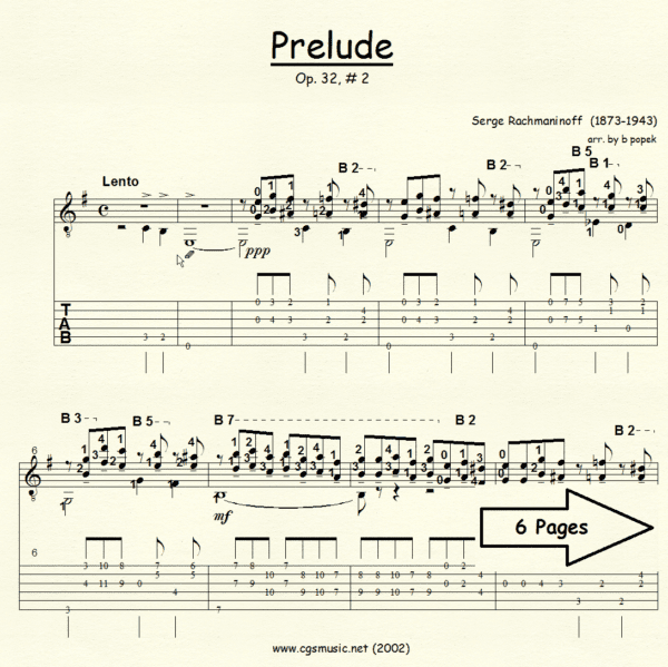 Prelude Op 32 2 Rachmaninoff for Classical Guitar in Tablature