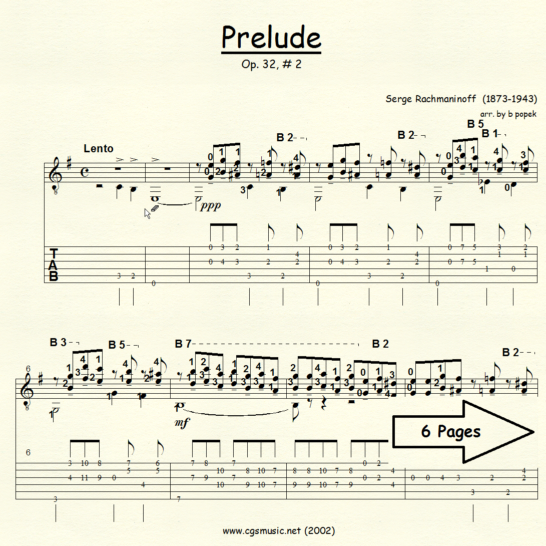 Prelude Op 32 #2 (Rachmaninoff) for Classical Guitar in Tablature