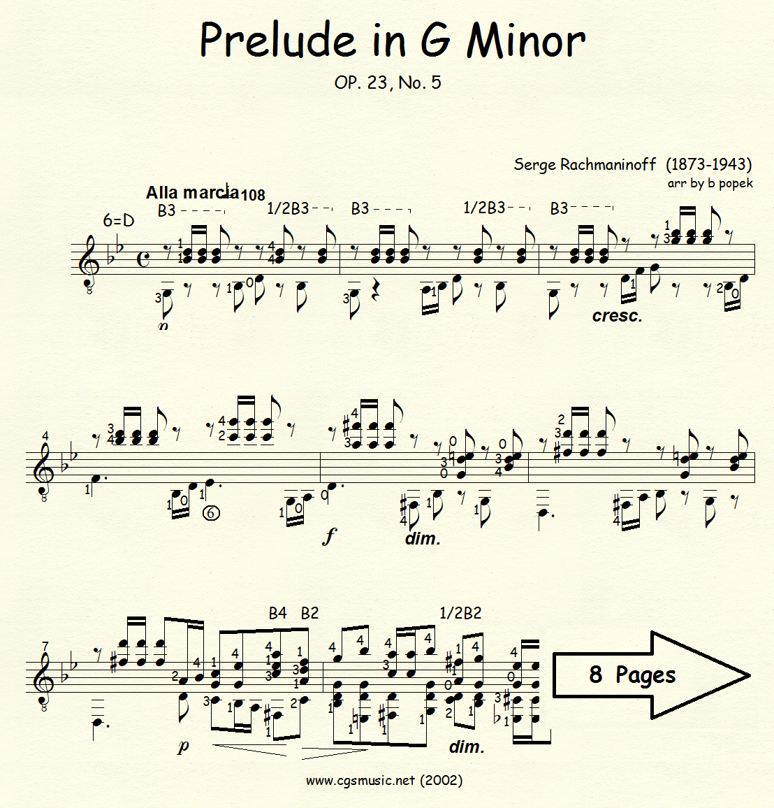 Prelude in G Minor Op 23 #5 (Rachmaninoff) for Classical Guitar in Standard Notation