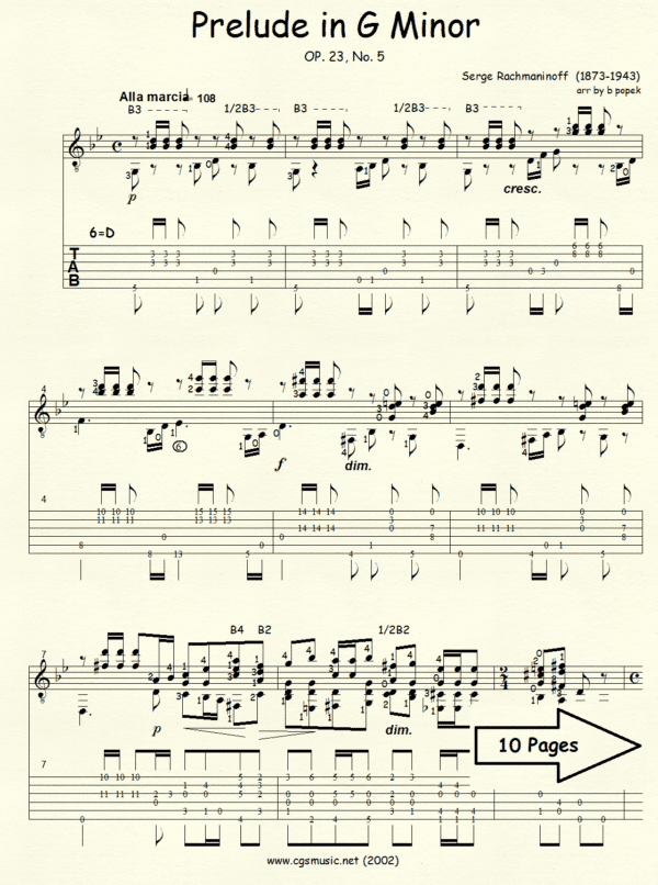 Prelude in G Minor Op 23 5 Rachmaninoff for Classical Guitar in Tablature