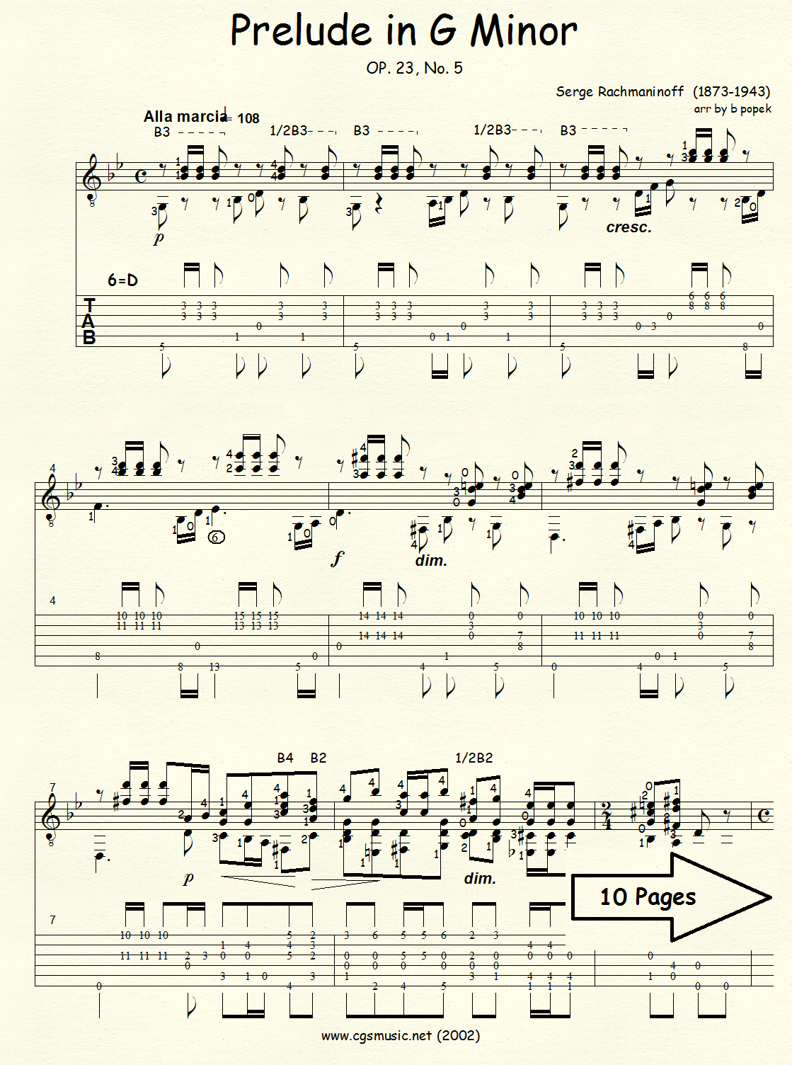 Prelude in G Minor Op 23 #5 (Rachmaninoff) for Classical Guitar in Tablature