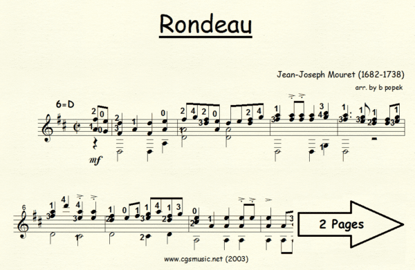 Rondeau Mouret for Classical Guitar in Standard Notation