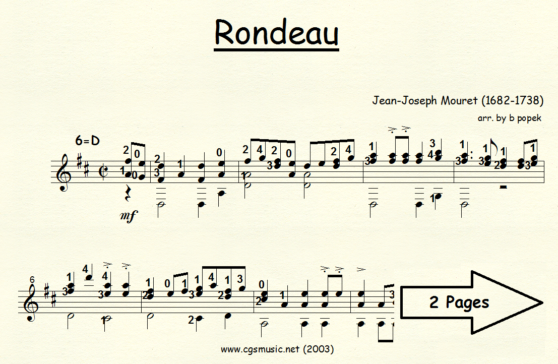 Rondeau (Mouret) for Classical Guitar in Standard Notation