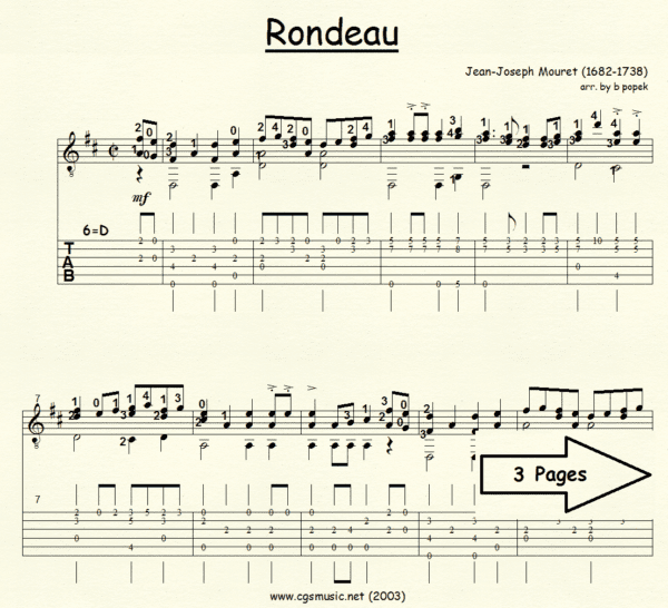 Rondeau Mouret for Classical Guitar in Tablature