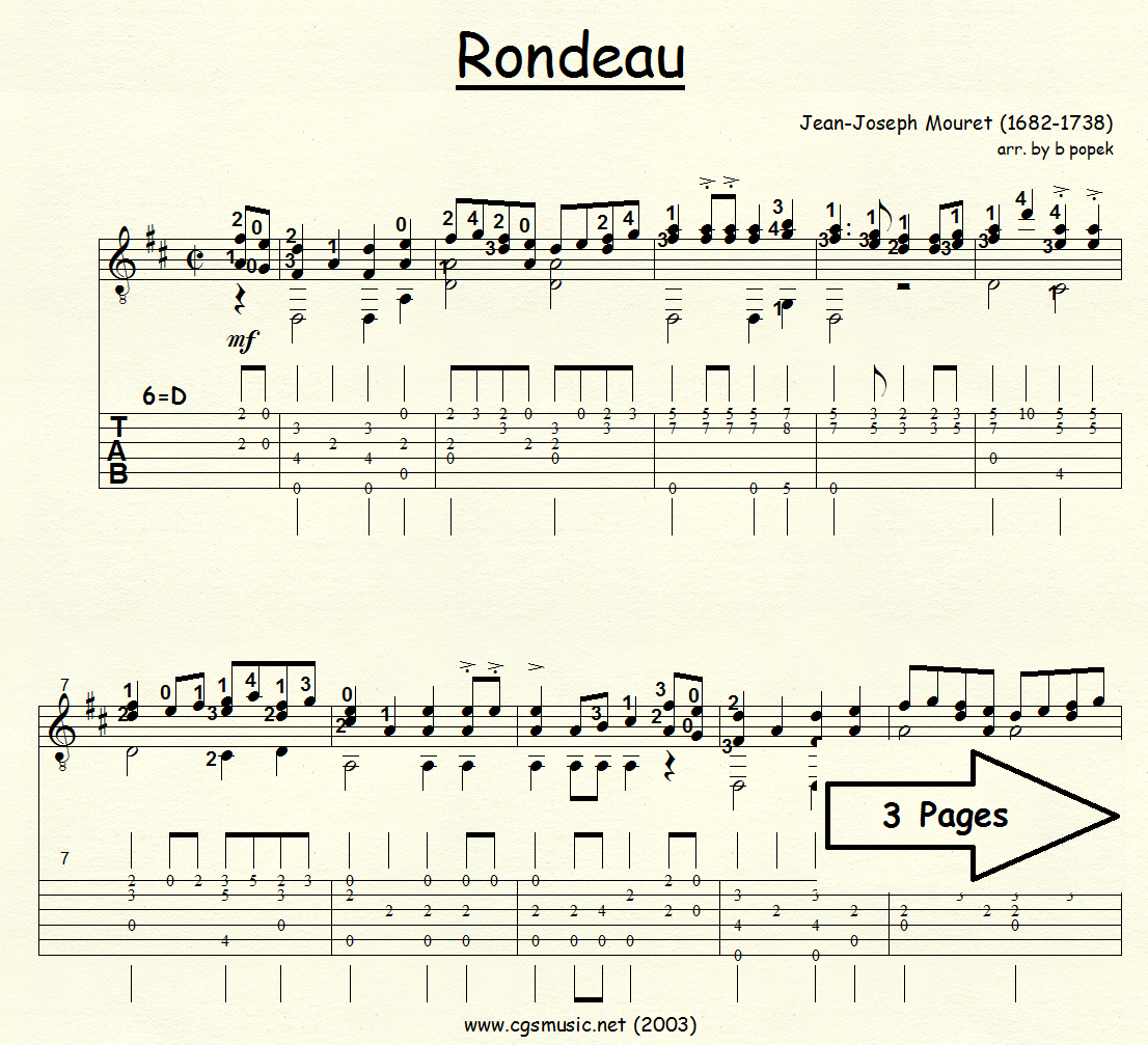 Rondeau (Mouret) for Classical Guitar in Tablature