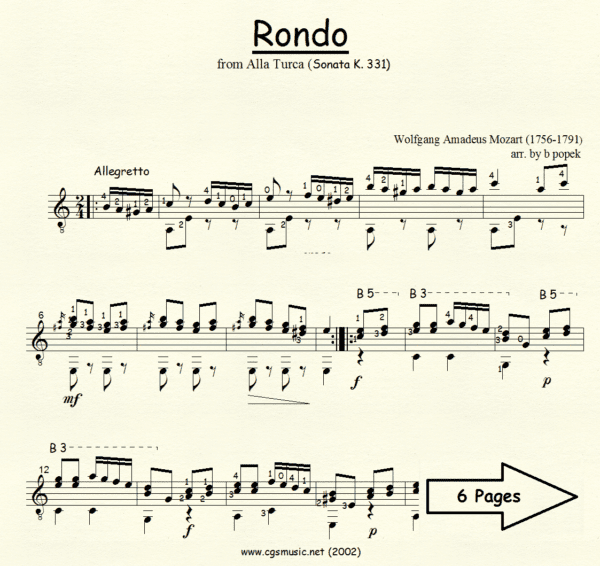 Rondo from Alla Turca Mozart for Classical Guitar in Standard Notation