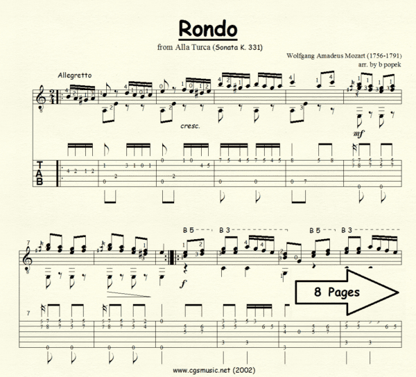 Rondo from Alla Turca Mozart for Classical Guitar in Tablature