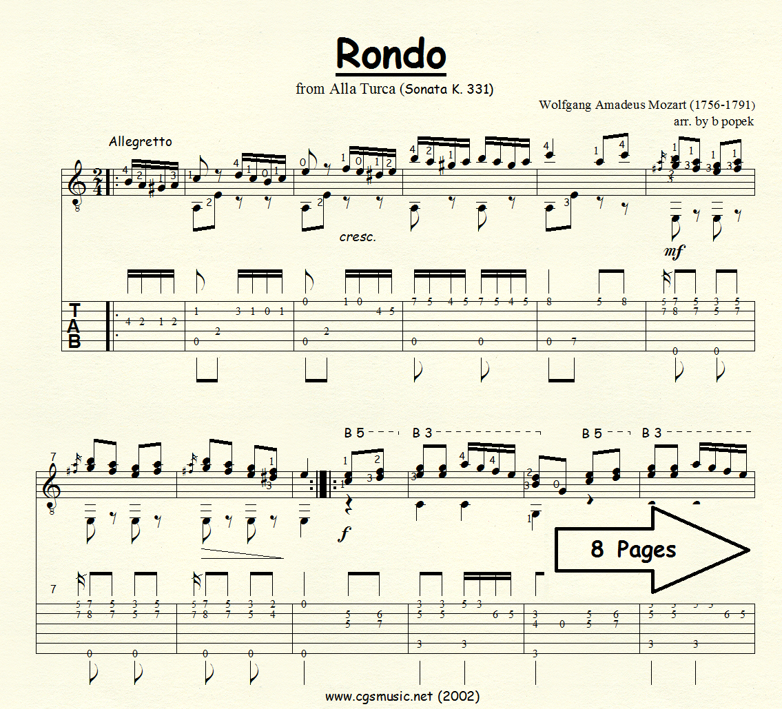 Rondo from Alla Turca (Mozart) for Classical Guitar in Tablature