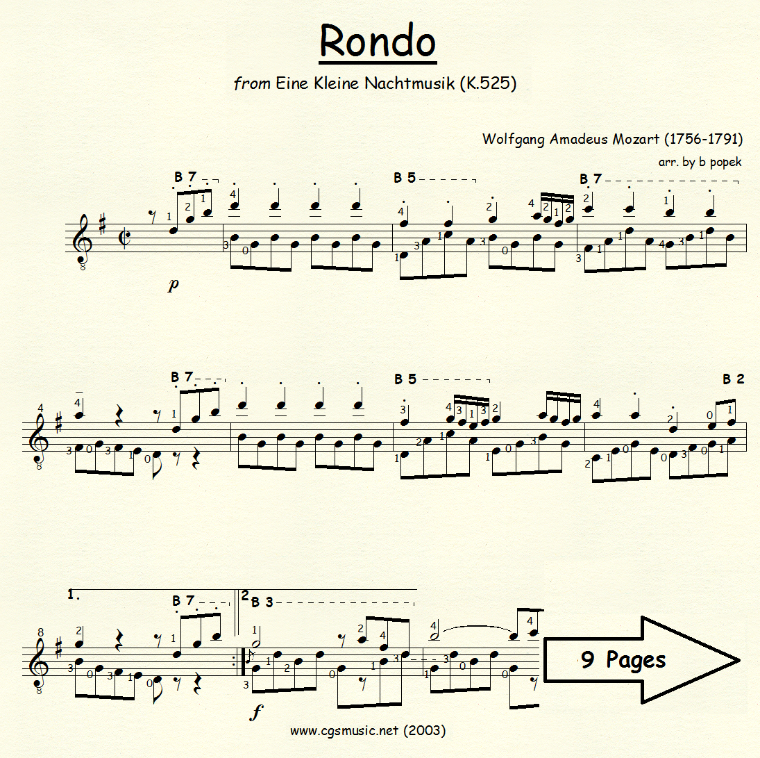 Rondo from Eine Kleine Nachtmusik (Mozart) for Classical Guitar in Standard Notation