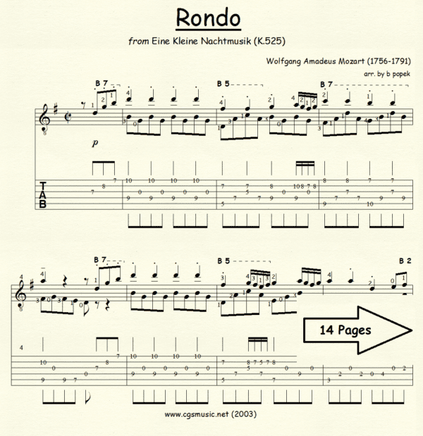 Rondo from Eine Kleine Nachtmusik Mozart for Classical Guitar in Tablature