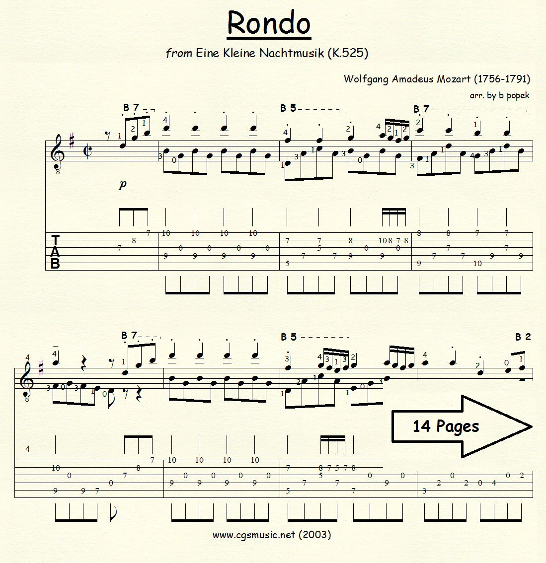 Rondo from Eine Kleine Nachtmusik (Mozart) for Classical Guitar in Tablature