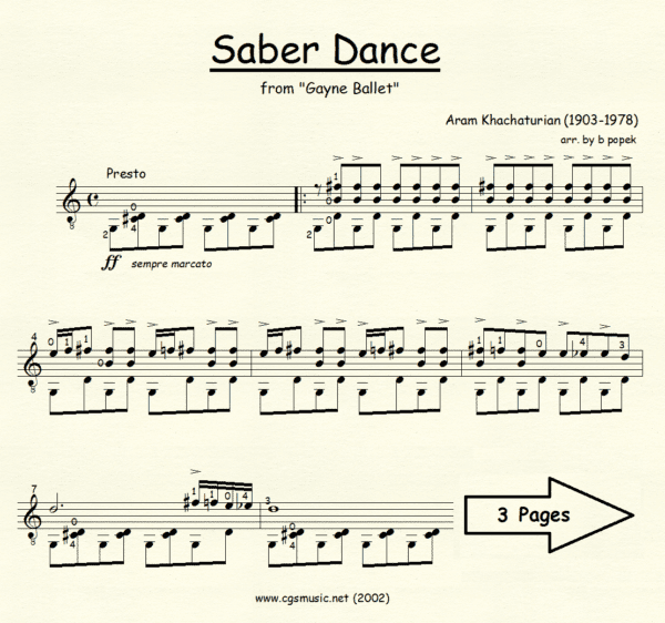 Saber Dance Khachaturian for Classical Guitar in Standard Notation