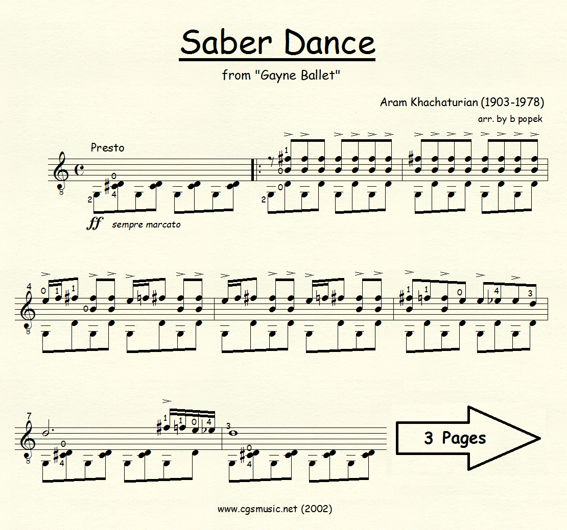 Saber Dance (Khachaturian) for Classical Guitar in Standard Notation