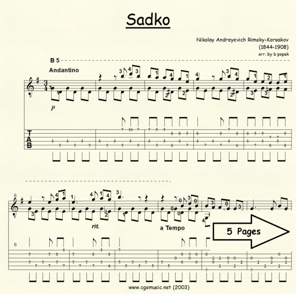 Sadko Song of India Rimsky Korsakov for Classical Guitar in Tablature
